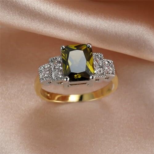 Luxury Female Olive Green Crystal Stone Ring Cute Yellow Gold Color Wedding Rings For Women Charm Square Engagement Ring
