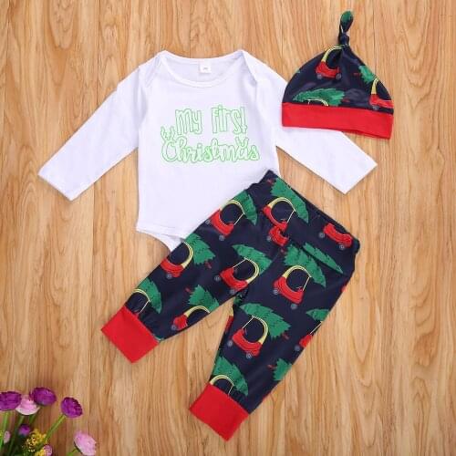 2020 Three Piece Baby Girl’s Clothes Unique Letter Long Sleeve Jumpsuit Fashion Christmas Print Long Pants with Hat ropa de bebe