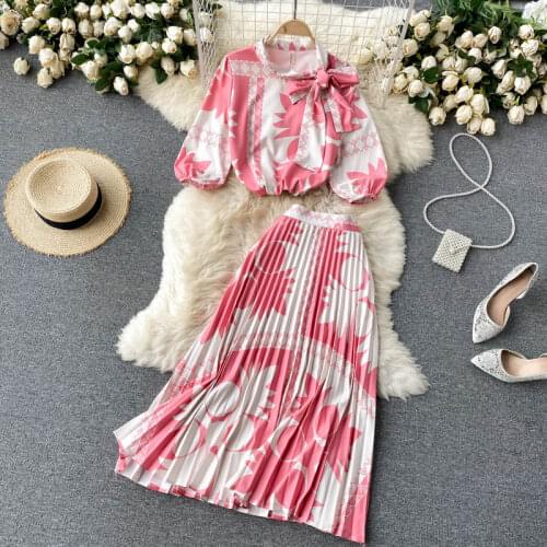 Ladies Temperament Printted Pink Suits Summer 2021New Bow Tie-Up Lantern Sleeve Blouse Shirt and Pleated Skirt Two-piece Sets
