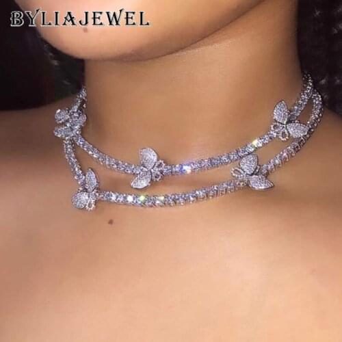Small Butterfly Rhinestone Chain Necklace for Women Iced Out 6MM Crystal Chain Choker Necklace Trendy Collar Personality Jewelry
