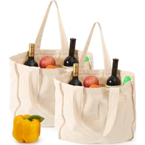 Reusable Big Canvas Shopping Bag with 6 Side Pockets Washable ECO Large Cotton Bag Handbag for Shopping Market Canvas Bags