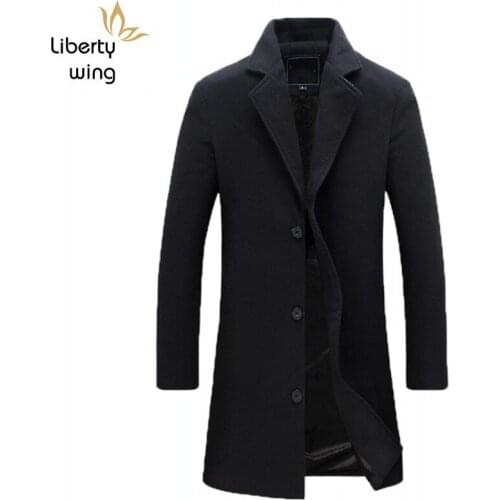 Men Long Windbreakers Fashion Thicken Solid Color Slim Outerwear Business Casual Lapel Woolen Coat Plus Size 5XL