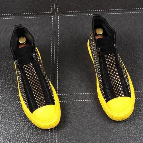 New Men Hip Hop Diamond Leather Casual Shoes Blue Yellow Fashion Sneakers Silver Male Black Vulcanized Shoes DA01