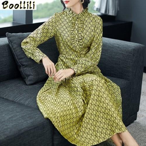 Boollili Real Silk Dress Women Dresses Fashion Midi Women Spring Autumn Dress Korean Party Dress Vintage Vestido Mujer