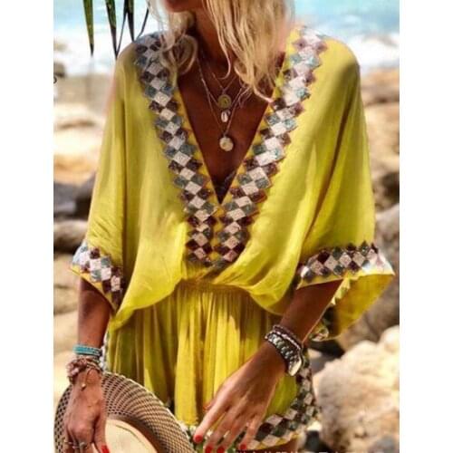 Boho patchwork print beach tunic vintage 1/2 sleeve v neck loose mini dress Orange blue red yellow pareo 2021 summer cover-up