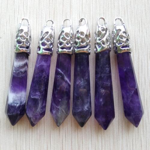 Fashion good quality Natural amethysts stone pillar pendants for jewelry accessories making free shipping Wholesale 6pcs/lot