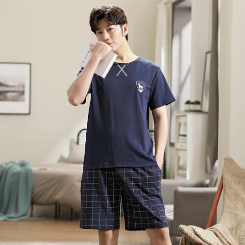 Pullover Red Short Sleeve Pants Pajama Summer Boy Man Jammies O-Neck Home Casual Sleepwear Nightwear Pyjamas 6535 Cotton HDE