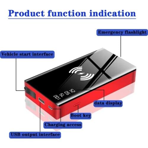 Car Jump Starter 20000mAh 800A Power Bank Car Battery with 10W Wireless Charger LCD Screen Safety Hammer Jump starter