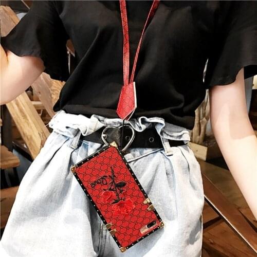 Luxury Rose Embroidery Phone Case for Samsung A10S M10 A20S A30 A40S A50 A70 M20 M30S M21 M60S Handing Rope Square TPU Cover