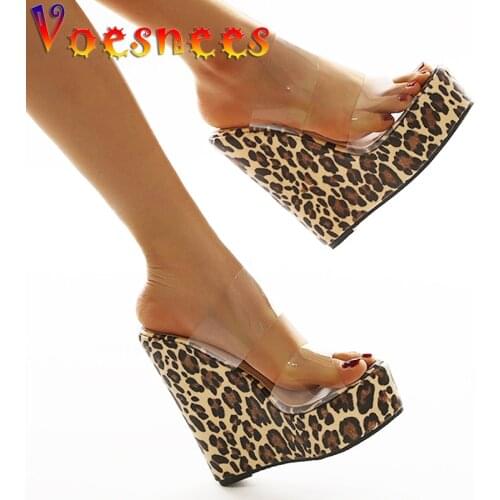 Summer Open Toe Slippers Walking Show Stripper Heels Wedges Platform Transparent Women Shoes High Heels Sexy Leopard Sandals