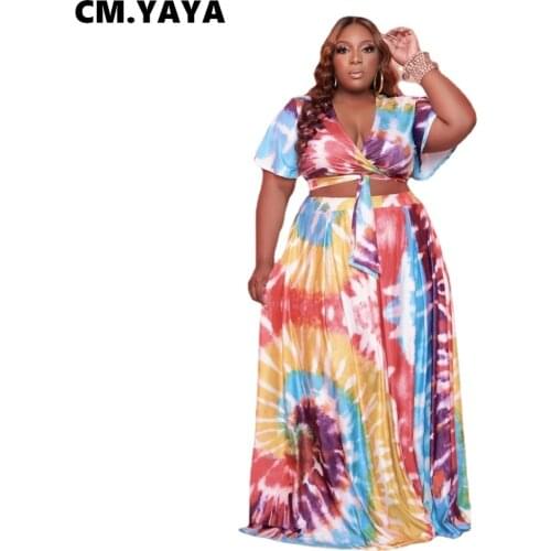 CM.YAYA Women Plus Size Set Print Short Sleeve V-neck Crop Tops Loose Long Skirts Two 2 Piece Sets Casual Fashion Outfits Summer