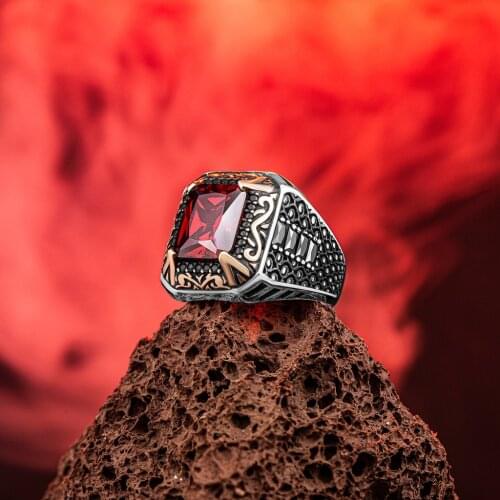 Stylish Detailed Handmade Sterling Silver Mens Ring With Red Zircon Stone Vintage Design