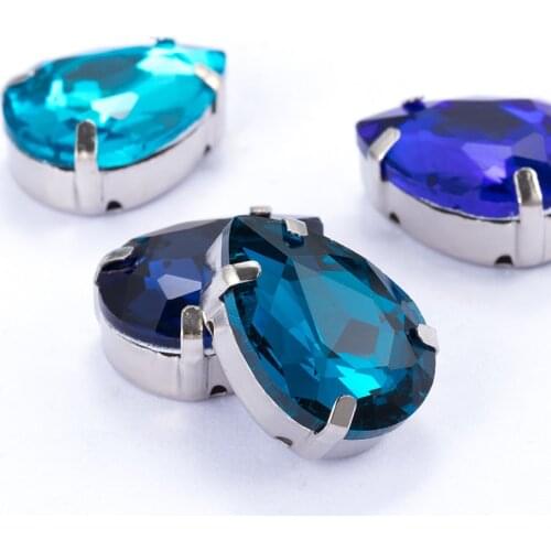 20PCS Blue Fancy Top Stones Tear Drop Glass Crystal Strass Perfect Quality Sew-on Rhinestones With Claws Sew On Clothing Crafts