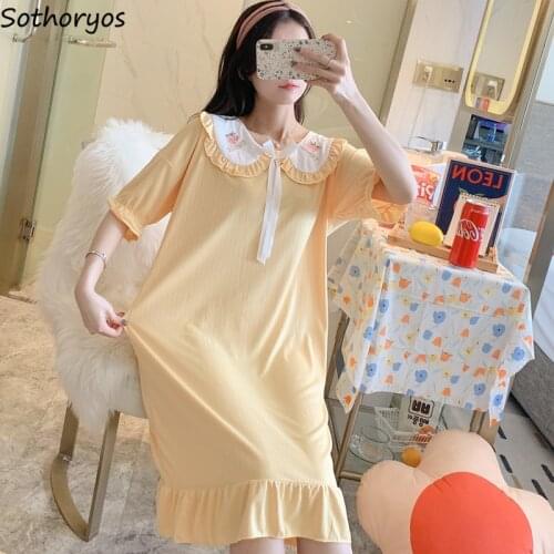 Women Kawaii Nightgowns Cozy Short Sleeve Loose Home Lovely Girls Sleepshirts Bow Fashion Teenagers Mid-calf Females Lounge Chic