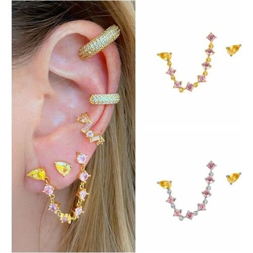 925 Sterling Silver Ear Needle Asymmetry Crystal Chain Stud Earrings For Women Waterdrop Tassel Piercing Earring Party Wedding