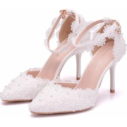 Women sandals wedding Party Lace PU Rhinestones Buckle Strap 7.5CM 9.5CM Thin High heels Pointed Toe Flower women shoes white