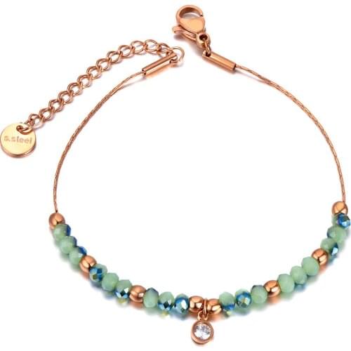 Sparkling Green CZ Crystal Charm Bracelets Bangles For Women Stainless Steel Link Chain Bohemia Beach Bracelet B20189