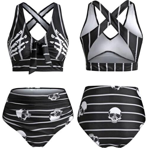 Women Swimwear Bikini Set Push-up Padded Gothic Skull Striped Print Cut Out Padded Casual Tankini Beachwear Bathing Suit 2020