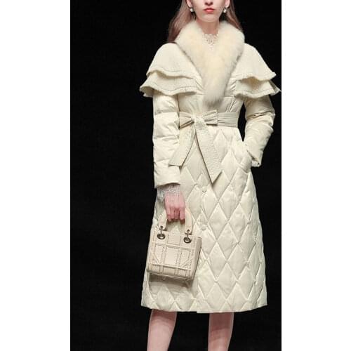 2020 Winter New Fashion White Temperament Fur Collar Elegant Ruffle Shawl Waist Slim Pendulum Down Jacket