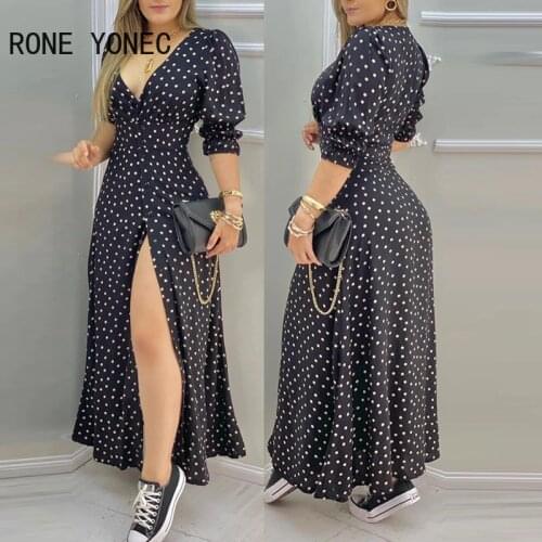 Women Polkadot Print High Slit Puff Sleeve Maxi Dress Casual Dress Vacation Dress 2021
