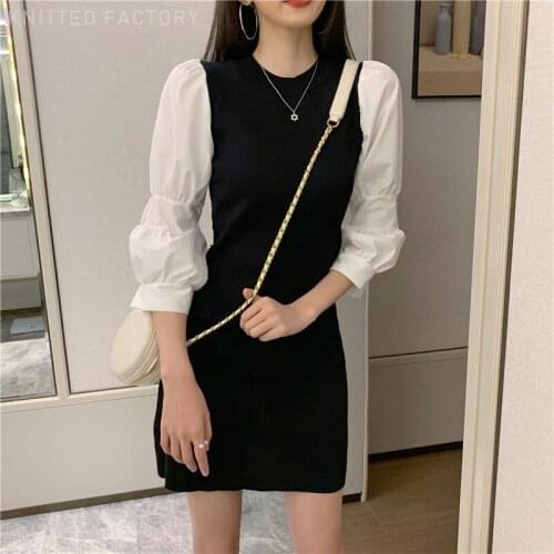Trend Colorblock Long Sleeve Package Hip Mini Dress Sweet Women Loose Casual Puff Sleeve Pullover Sweater Dresses