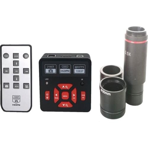 1080P 21MP HD HDMI USB IR Remote Controller Digital Microscope Camera +0.5X C-Mount lens with 30.5mm 30mm adapter ring lens