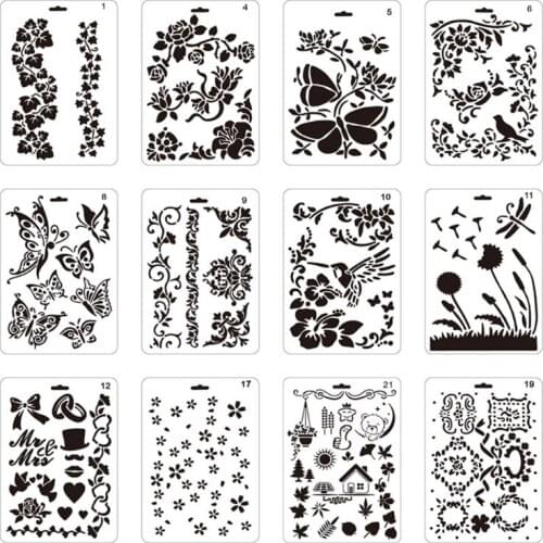 12Pcs Creative Flowers Birds Stencil Reusable Hollow Out Drawing Template Sets