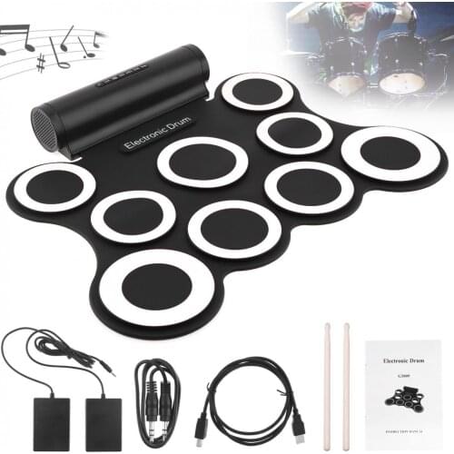 9 Pads Electronic Roll up Silicone MIDI Drum Double Speakers Stereo Electric Drum Kit with Drumsticks and Sustain Pedal