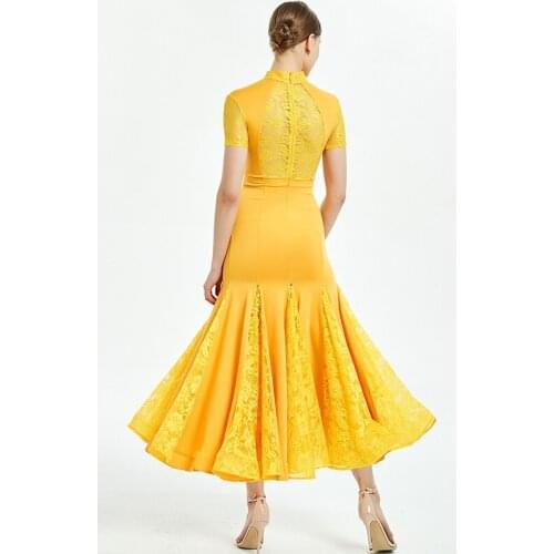 Ballroom dress women standard dance dresses fringe waltz dress standard costumes dance wear luminous costumes yelllow lace