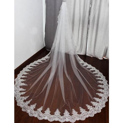 Shine Sequins Lace Cathedral Wedding Veil with Comb 3.5 Meters Long 1 Layer White Ivory Bridal Veil Wedding Accessories