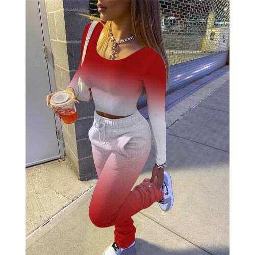 Imcute Gradient Women Outdoor Active T-Shirts Stacked Pants Two Piece Sets Autumn Sporty Tracksuit Fitness Matching Set Outfit