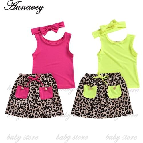 NEW Summer Kids Baby Girls Clothes Sets Leopard Print Sleeveless T-shirt Top Skirt Outfit Sets Tracksuit 2PCS Clothes Set