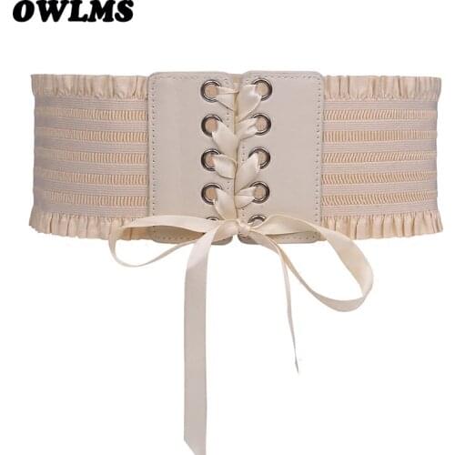 Newest Design Waist Belts closure female dress decoration elastic cummerbunds beige fashion tassel bow stretch tight black women