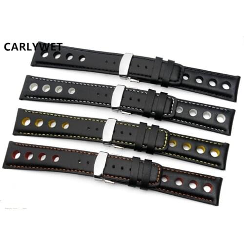 CARLYWET 20mm Real Calf Leather Handmade Black with White Orange Yellow Stitches Wrist Watch Band Strap For PRS516