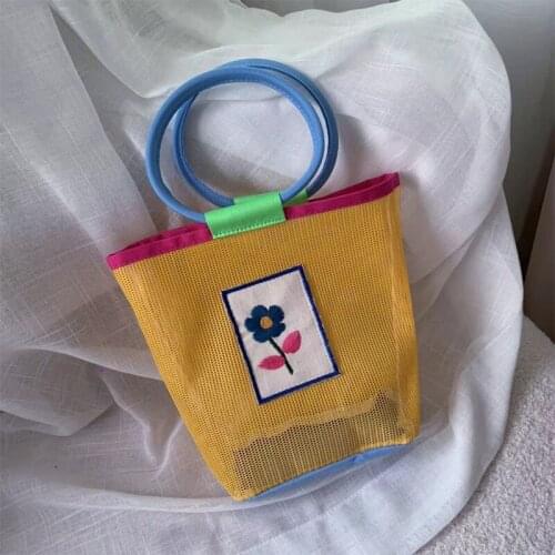 Net Yarn Tote Bag Women Shopper Bag Designer Handbag 2021 Fashion Summer Embroidery Flowers Hollow Fishing Net Bucket Beach Bags