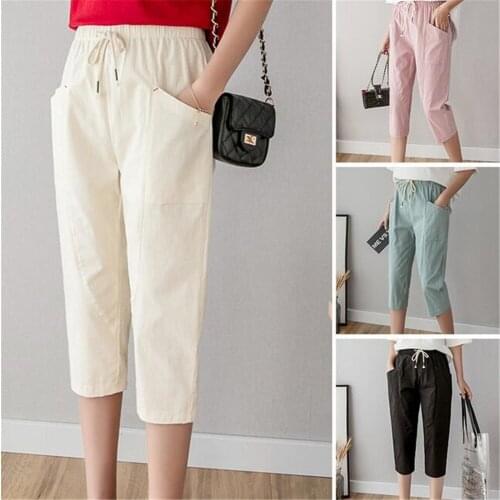 Cotton Linen Cropped Women Trousers Summer Women Casual Loose Pants Trousers High Elastic Waist Pants with Pockets Plus Size