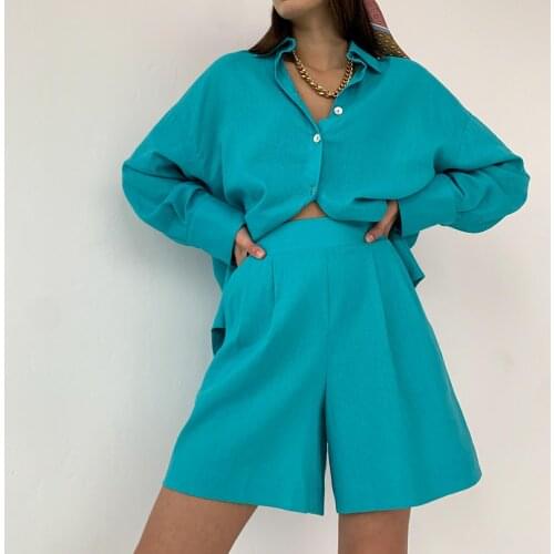 Wsevypo 2021 Autumn Solid Color Loose Two-pieces Shirts and Shorts Suits Casual Womens Button down Long Sleeve Tops+Shorts