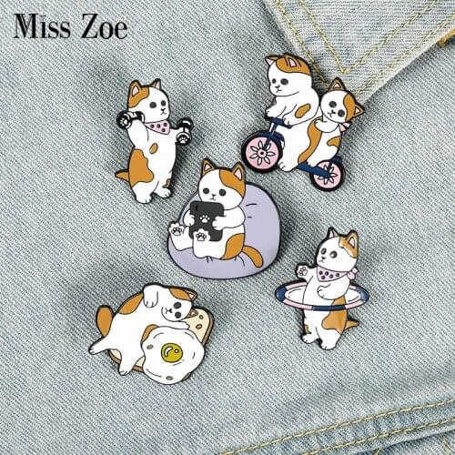 Funny Cats Enamel Pin Custom Cat Egg Bike Dumbbells Sports Brooches Bag Lapel Pin Cartoon Badge Jewelry for Kids Friends