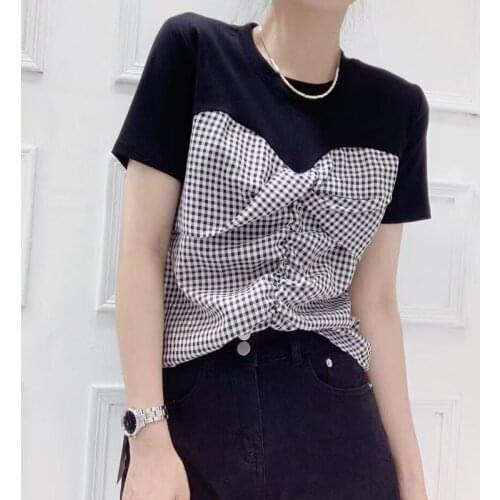 Summer New Sweet Plaid Patchwork Fake Two O Neck Top Short Sleeve Womens T-shirt X598