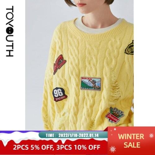 Toyouth Women Pullover Cable Knitted Sweaters Vintage Round Neck Long Sleeve Ripped Loose Sweaters