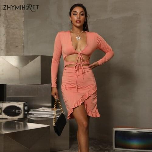 ZHYMIHRET Sexy V Neck Lace Up Bandage Dress For Women Ruffles Hollow Out Long Sleeve Mini Dress Autumn Winter Bodycon Vestidos