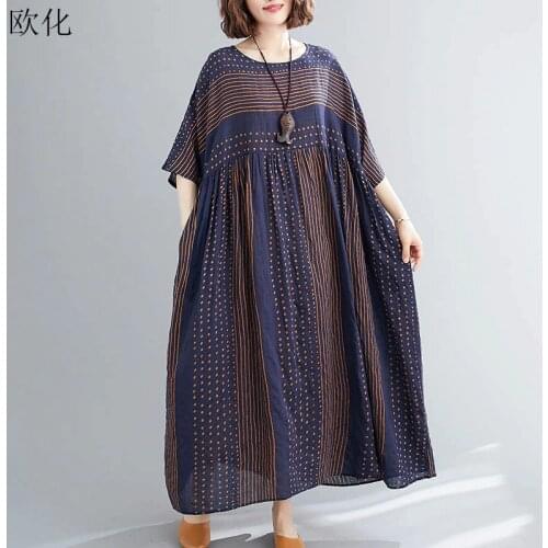 Plus Size 4XL 5XL 5XL Polka Dot Dress For Women 2020 Summer New Short Sleeve Cotton Linen Maxi Dress Robe Female Boho Dresses