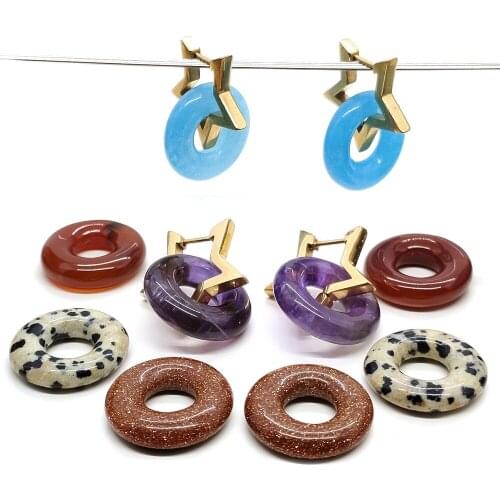 Stainless Steel Golden Earrings Pentagram Natural Stone Agate Ring Earrings Fashion Crystal Earrings Accessories