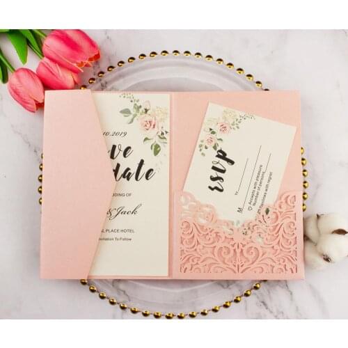 20pcs/lot burgundy pocketfold Laser Cut flower Wedding invitation Cards three folded card pocket Greeting invitation