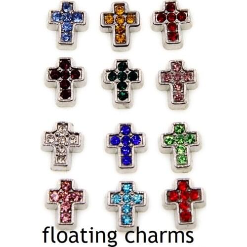 24PCS Alloy 12 color Rhinstone Birthstone Cross Floating Locket Charms Fit Glass Locket DIY Handmade Jewelry Accessories