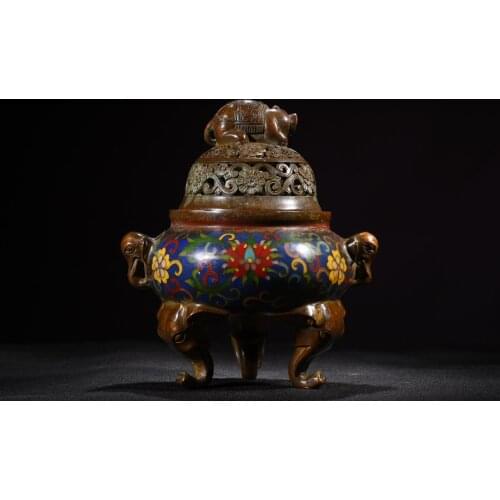 7"Tibet Temple Collection Old Bronze Cloisonne Enamel Elephant statue Elephant head Three-legged incense burner Ornaments