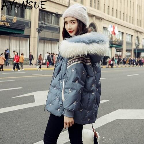 AYUNSUE Womens Down Jacket Winter Coat Women Raccoon Dog Fur Collar Hooded Embroidery Parkas High Quality Mujeres Abrigos 2020