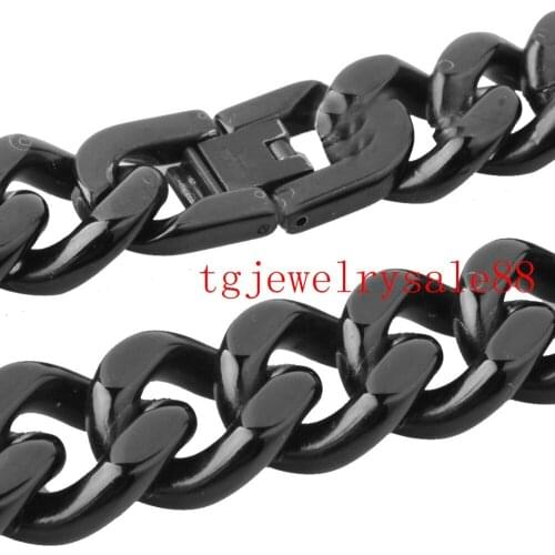 Perfect 15mm Wide Classic Black Color Cuban Curb Link Chain Biker Men Stainless Steel Fashion Bracelet Or Necklace Jewelry 7-40"