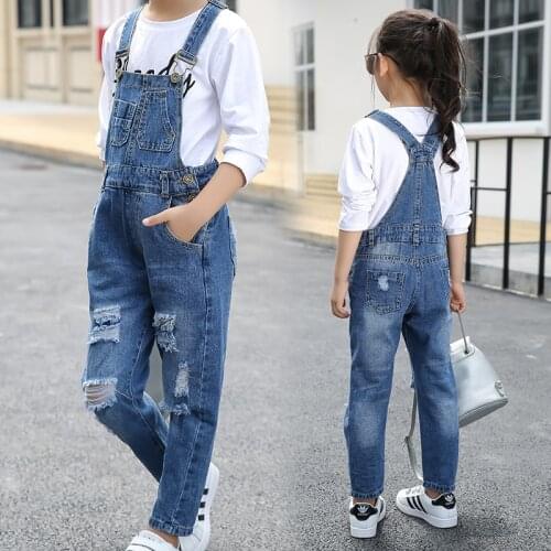 Kids denim overalls 2020 spring big girls cowboy strap hole pants children Korean belt trousers 5 to 16 years baby jeans clothes