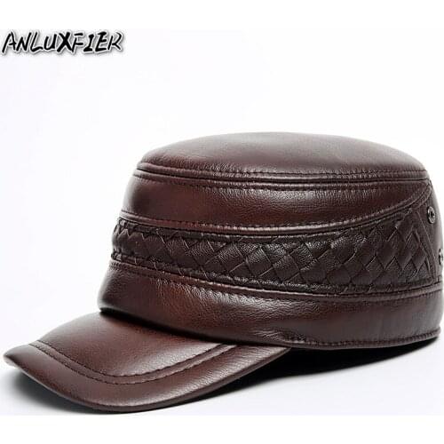 H3511 Men Leather Warm Hat Ear Protective Baseball Caps Cowhide Cap Male Flat Top High Quality Fashion Casual Thermal Hats